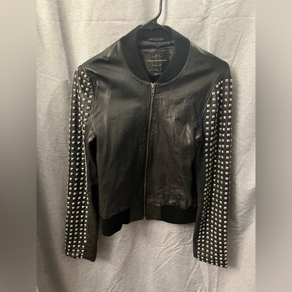 French Connection black leather jacket with studded sleeves. Size 6 US women’s. - Picture 1 of 3